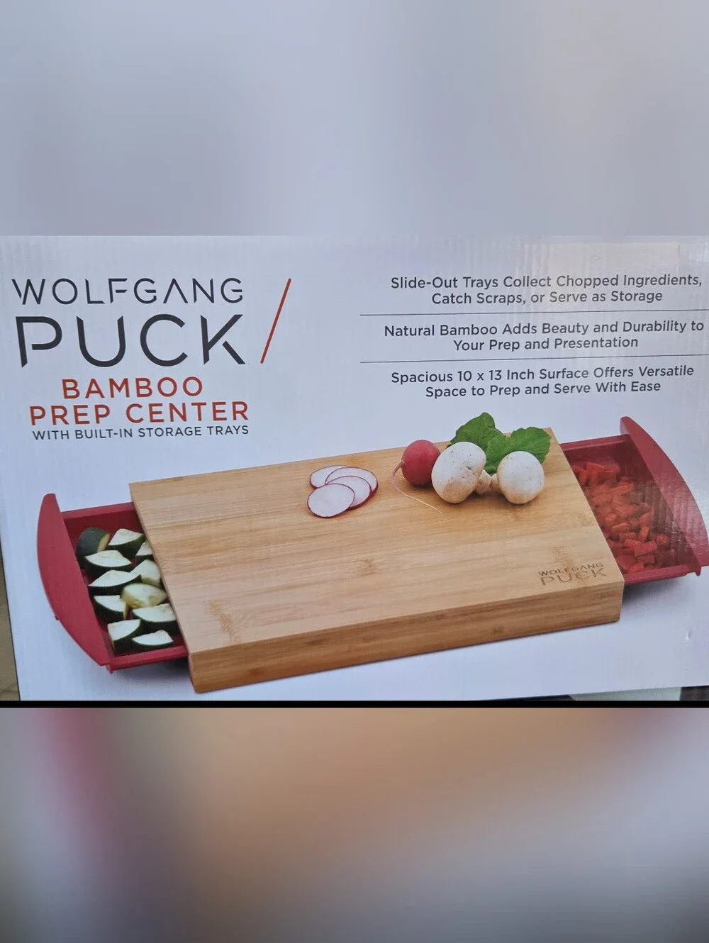 Wolfgang Puck Bamboo Prep Center Cutting Board with Red Slide-Out Trays. NWOT